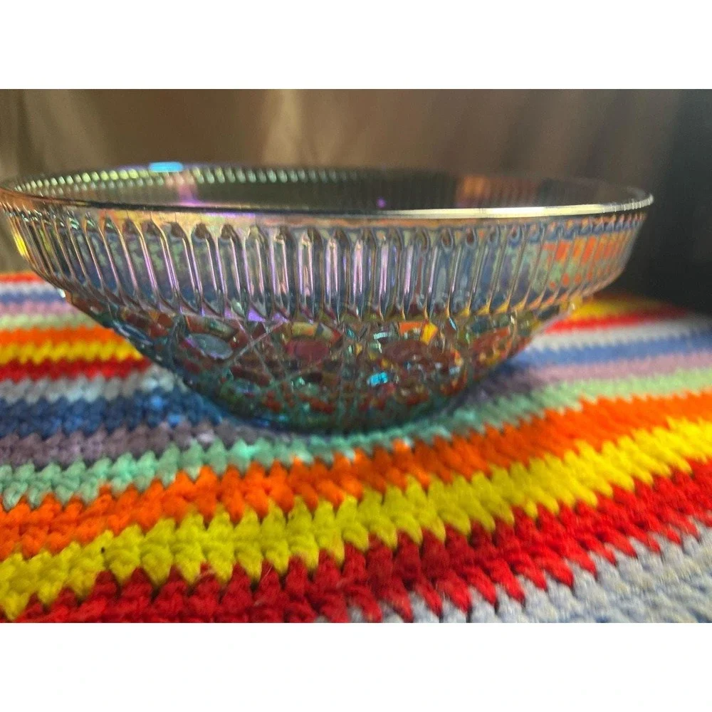 Vintage  Glass Blue Iridescent Carnival Glass Button and Cane  Salad Bowl